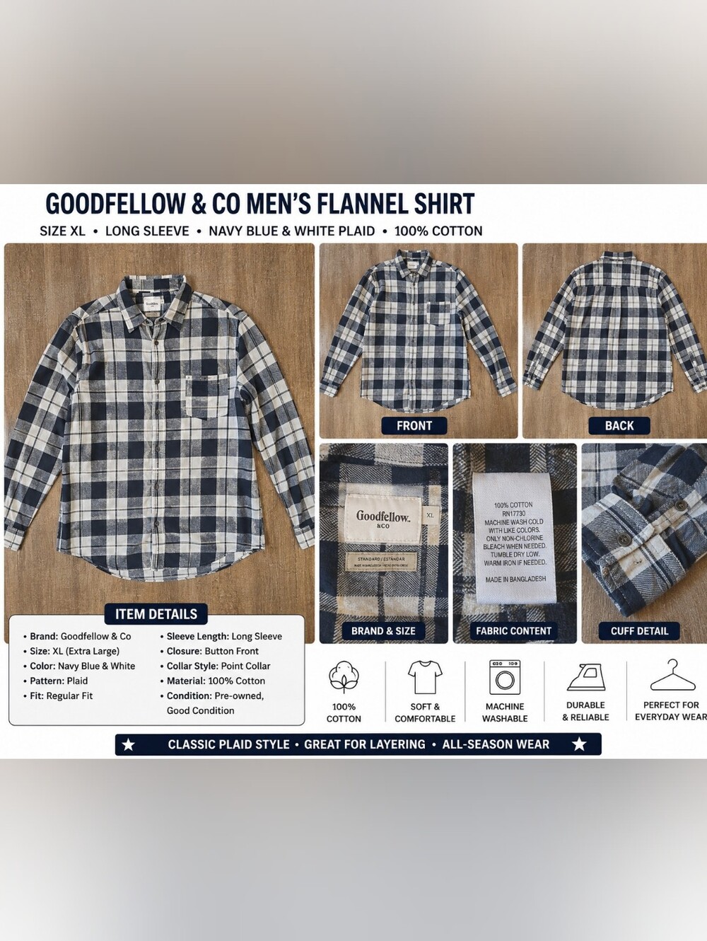 Goodfellow & Co Navy & White Plaid Button-Up Flannel Shirt